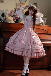Robe Jsk Sweet Lolita à volants double couche avec broderie style pastoral rose